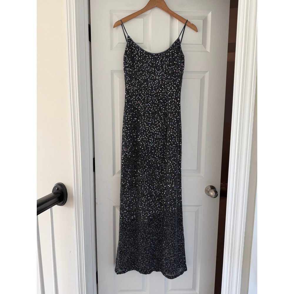 VTG 90s Zola Evening Silk Beaded Spaghetti Strap Evening Gown Formal Party